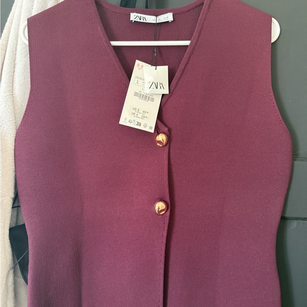 Zara Maroon Knit Vest with Metallic Buttons